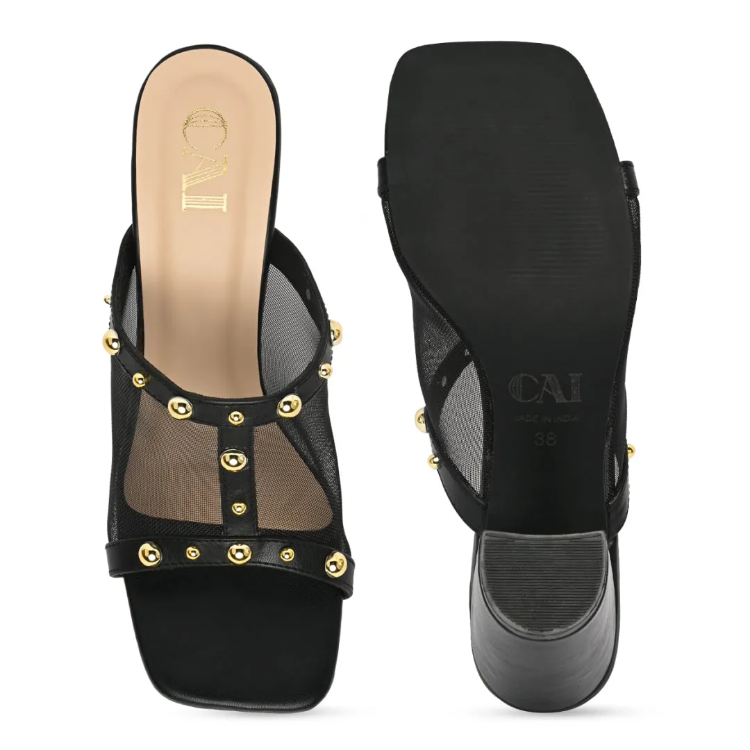 Black Mesh Rivet Heels