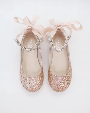Rock Glitter Ballet Flats with Navette Cluster Rhinestones Strap